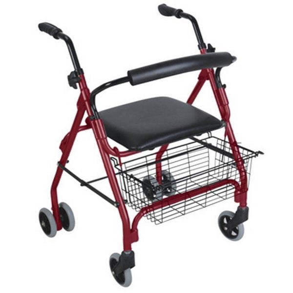 Andador de cuatro ruedas con asiento, frenos y cesta